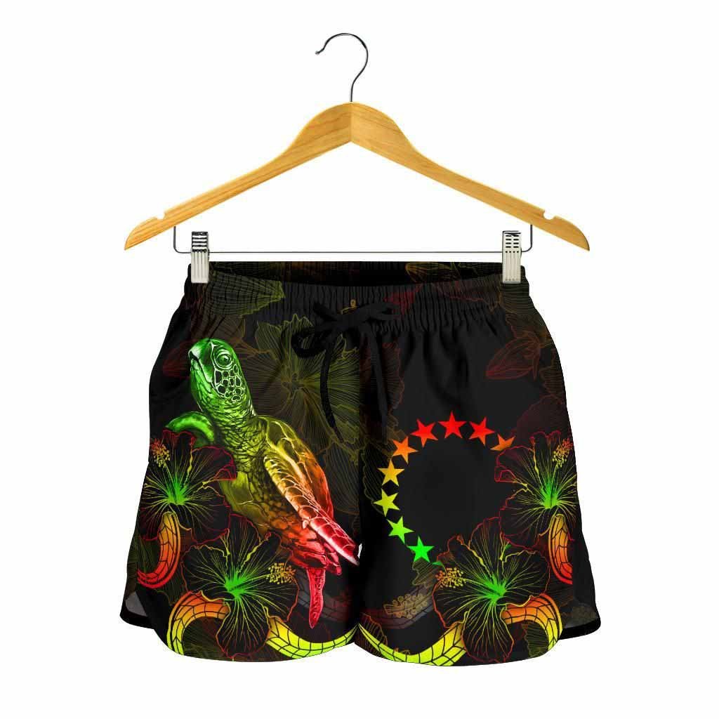 Cook Islands Polynesian Women Shorts - Turtle With Blooming Hibiscus Reggae