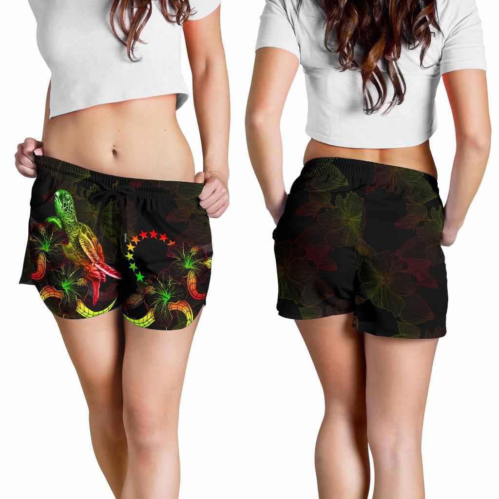 Cook Islands Polynesian Women Shorts - Turtle With Blooming Hibiscus Reggae
