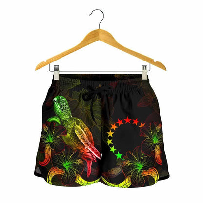Cook Islands Polynesian Women Shorts - Turtle With Blooming Hibiscus Reggae