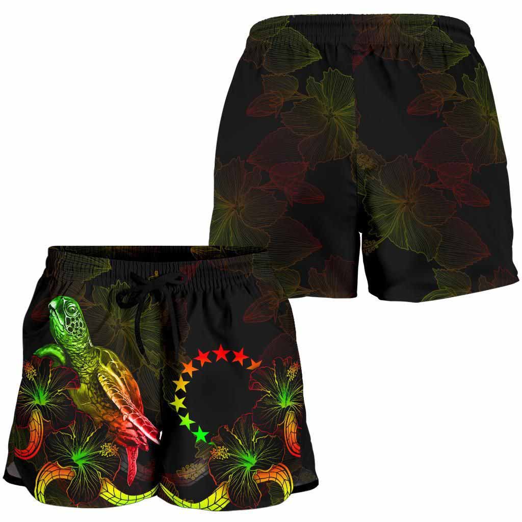 Cook Islands Polynesian Women Shorts - Turtle With Blooming Hibiscus Reggae
