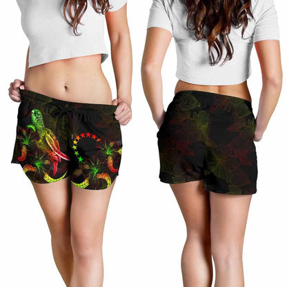 Cook Islands Polynesian Women Shorts - Turtle With Blooming Hibiscus Reggae