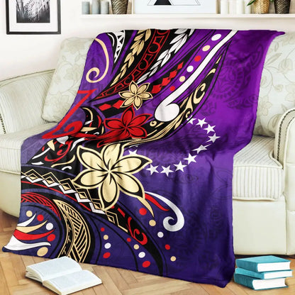 Cook Islands Premium Blanket - Tribal Flower With Special Turtles Purple Color