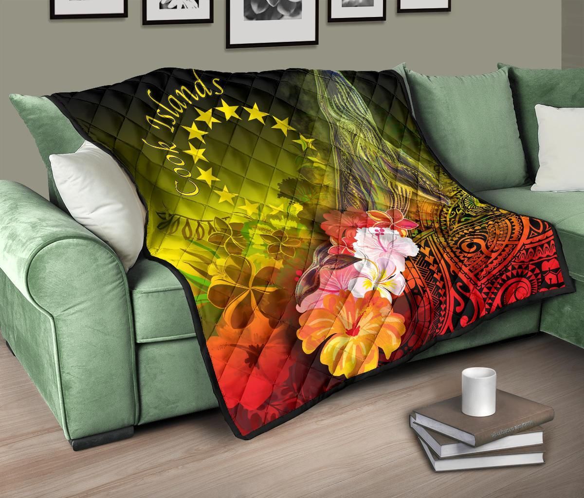 Cook Islands Premium Quilt - Humpback Whale with Tropical Flowers (Yellow)