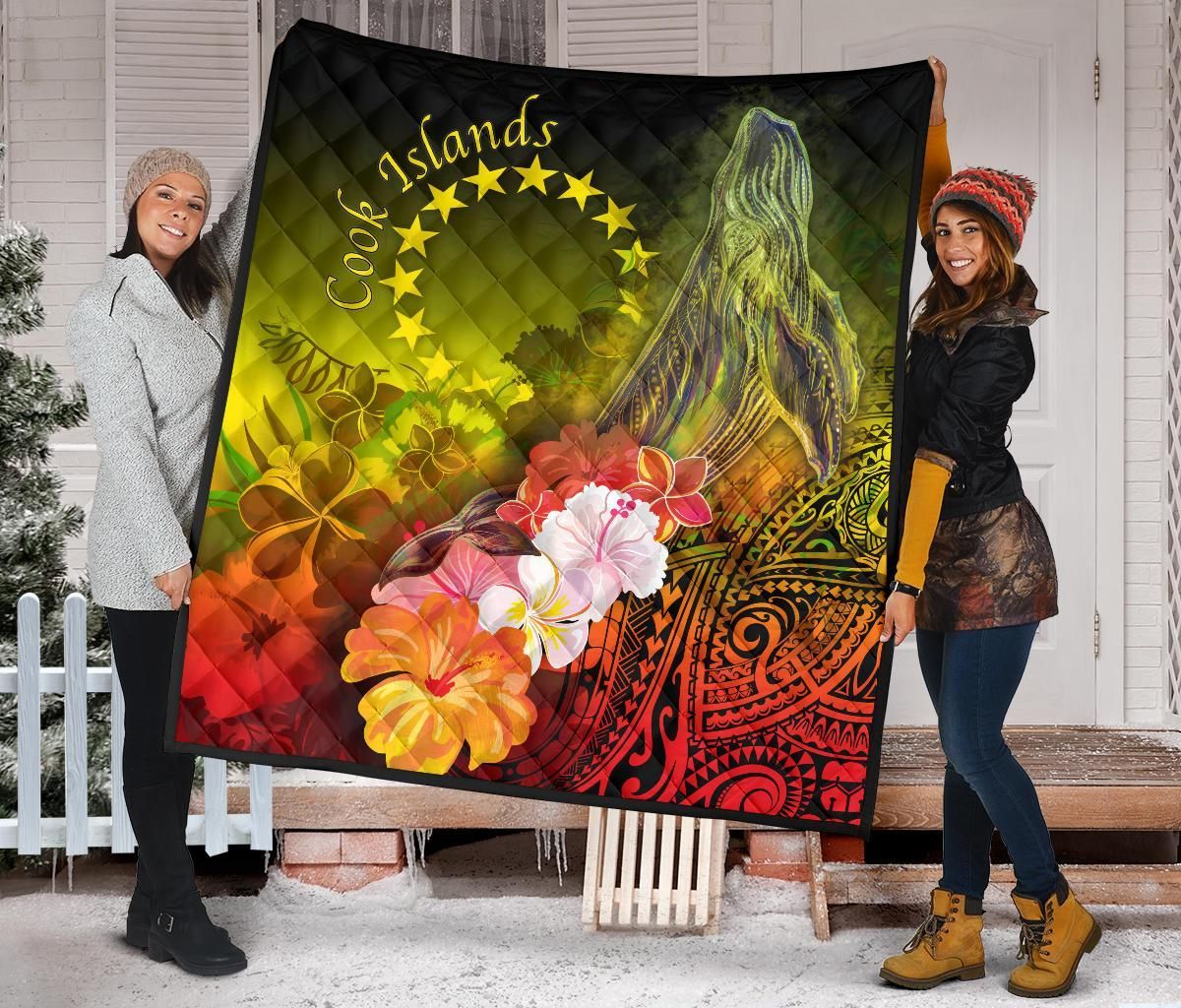 Cook Islands Premium Quilt - Humpback Whale with Tropical Flowers (Yellow)