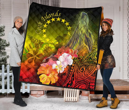 Cook Islands Premium Quilt - Humpback Whale with Tropical Flowers (Yellow)