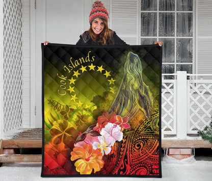Cook Islands Premium Quilt - Humpback Whale with Tropical Flowers (Yellow)