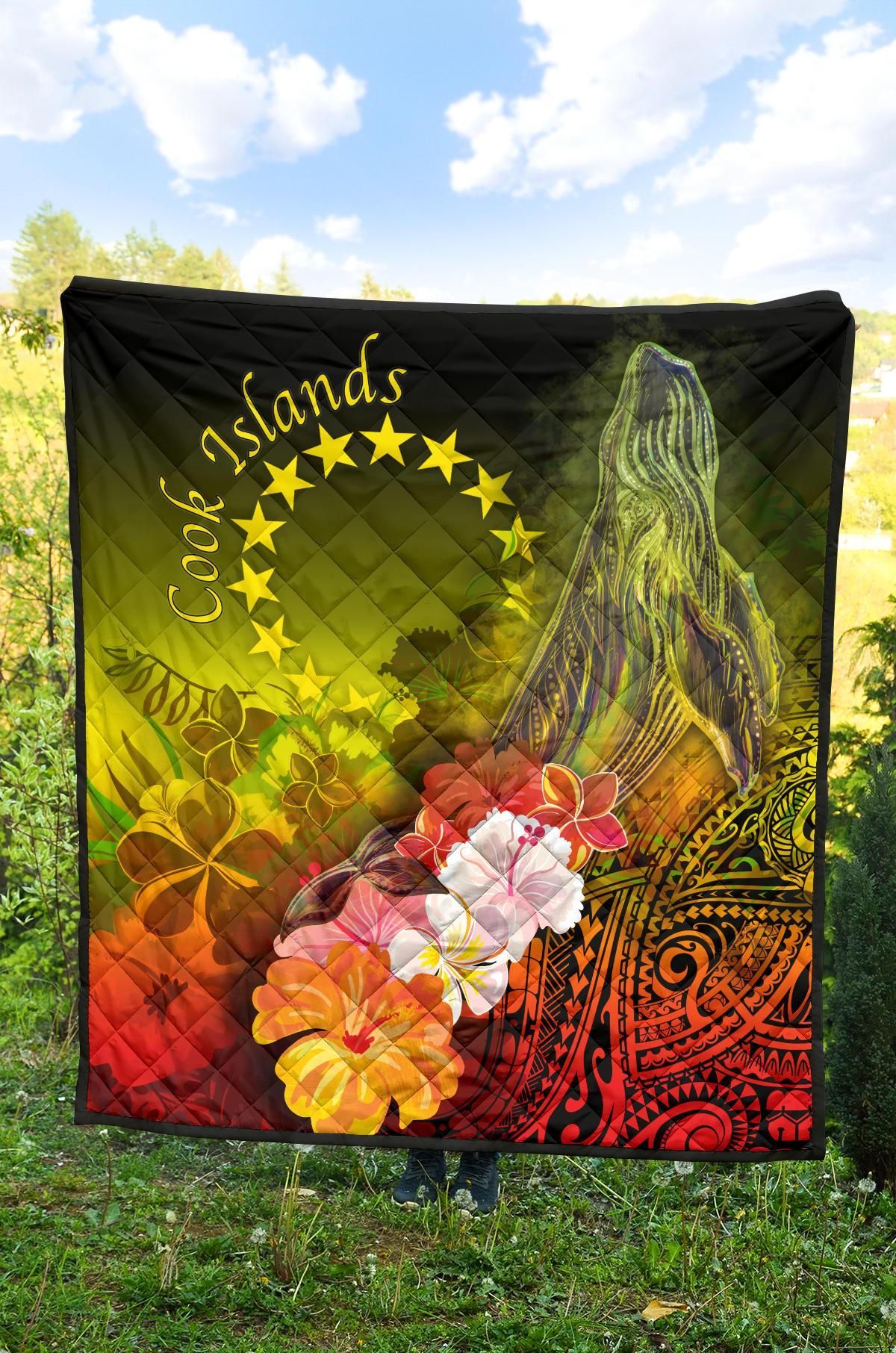 Cook Islands Premium Quilt - Humpback Whale with Tropical Flowers (Yellow)