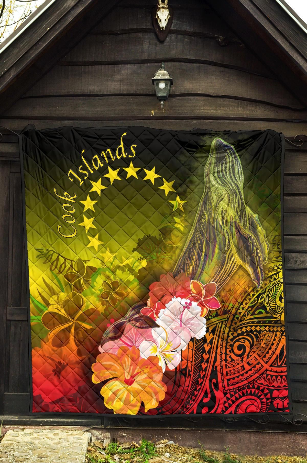 Cook Islands Premium Quilt - Humpback Whale with Tropical Flowers (Yellow)