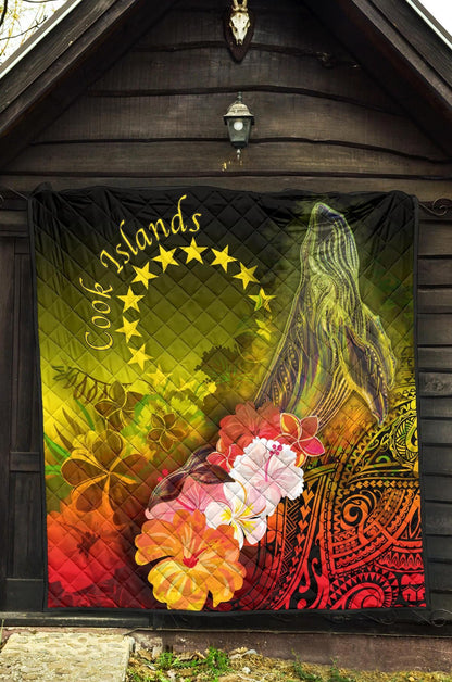 Cook Islands Premium Quilt - Humpback Whale with Tropical Flowers (Yellow)