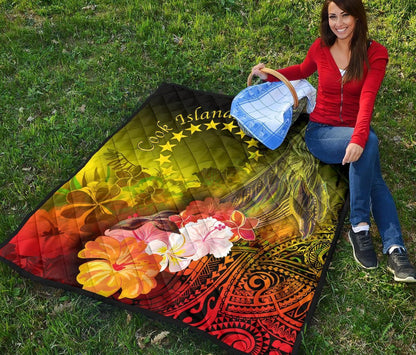 Cook Islands Premium Quilt - Humpback Whale with Tropical Flowers (Yellow)