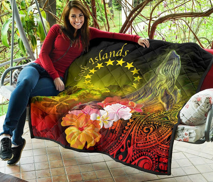 Cook Islands Premium Quilt - Humpback Whale with Tropical Flowers (Yellow)