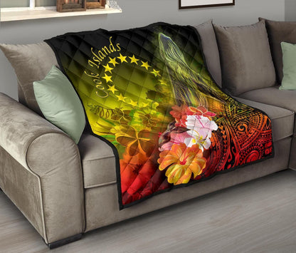 Cook Islands Premium Quilt - Humpback Whale with Tropical Flowers (Yellow)