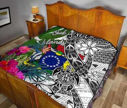 Cook Islands Premium Quilt White - Turtle Plumeria Banana Leaf