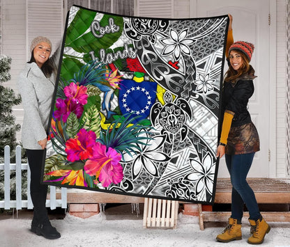 Cook Islands Premium Quilt White - Turtle Plumeria Banana Leaf