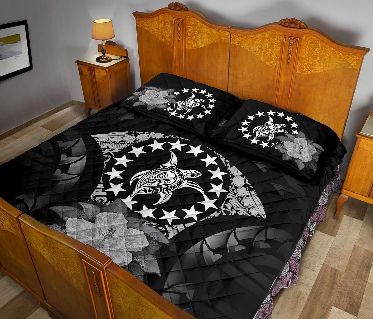 Cook Islands Polynesian Quilt Bed Set Hibiscus Gray