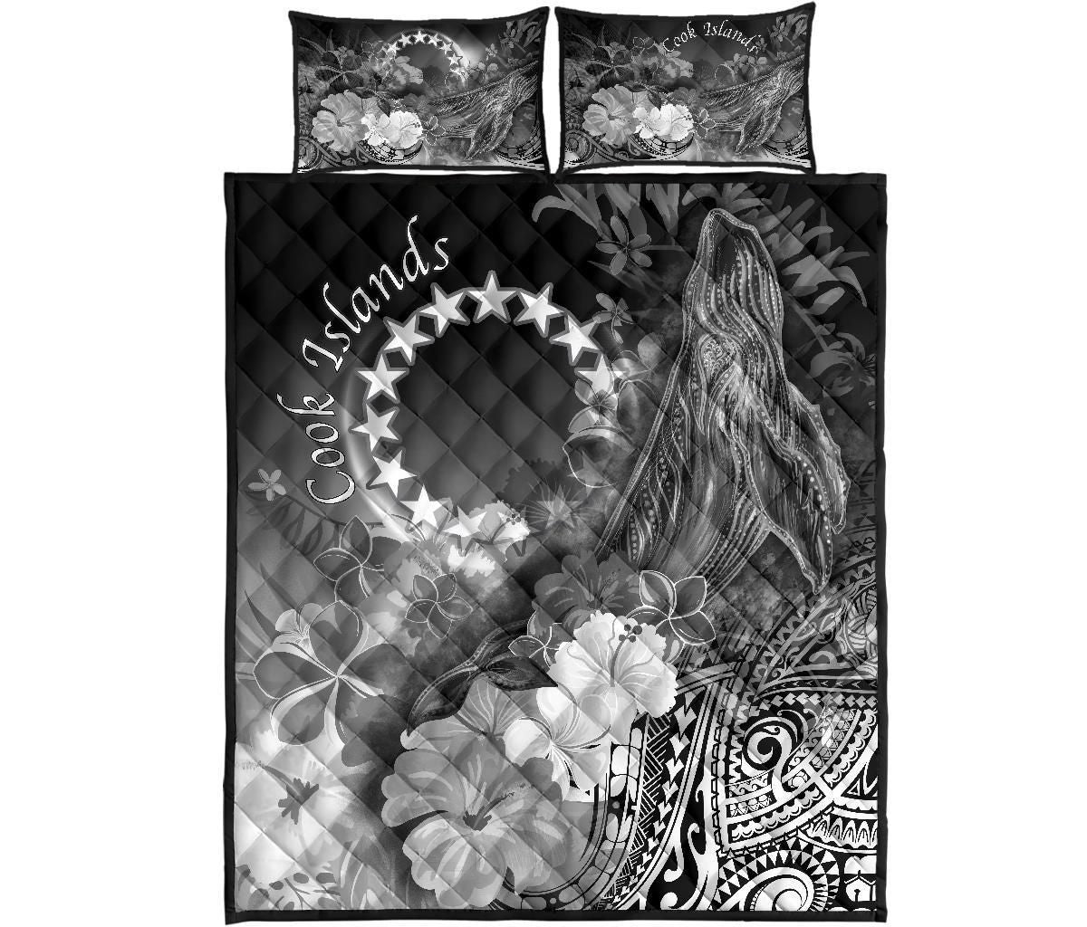 Cook Islands Quilt Bed Set - Humpback Whale with Tropical Flowers (White)