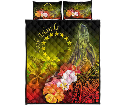 Cook Islands Quilt Bed Set - Humpback Whale with Tropical Flowers (Yellow)