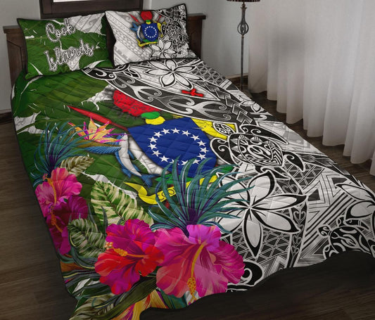 Cook Islands Quilt Bed Set White - Turtle Plumeria Banana Leaf