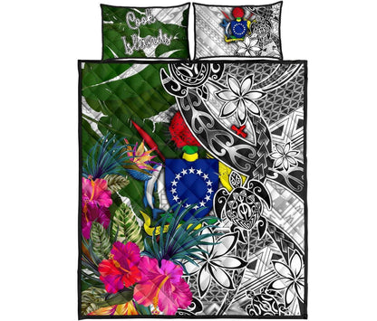 Cook Islands Quilt Bed Set White - Turtle Plumeria Banana Leaf