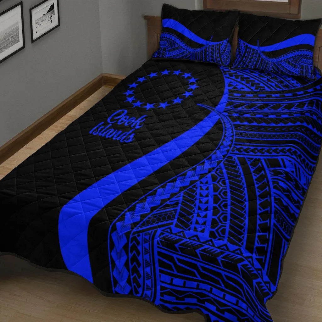 Cook Islands Quilt Bed Set - Blue Polynesian Tentacle Tribal Pattern