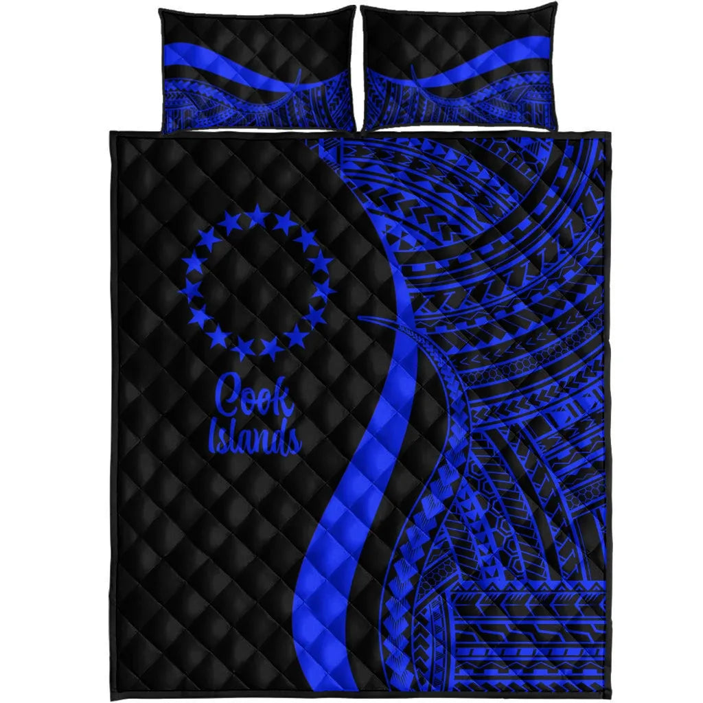 Cook Islands Quilt Bed Set - Blue Polynesian Tentacle Tribal Pattern