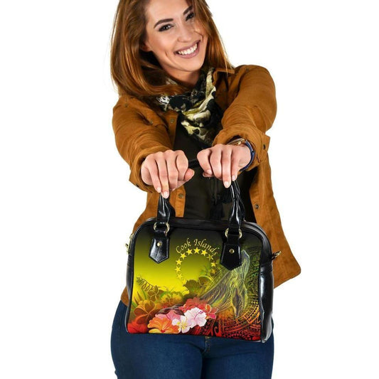 Cook Islands Shoulder Handbag - Humpback Whale With Tropical Flowers (Yellow)