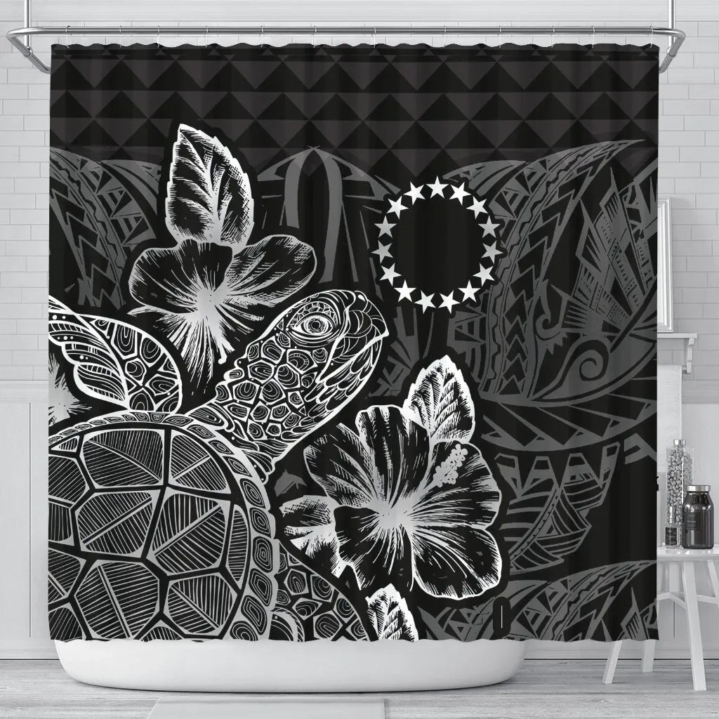 Cook Islands Shower Curtain Turtle Hibiscus Black
