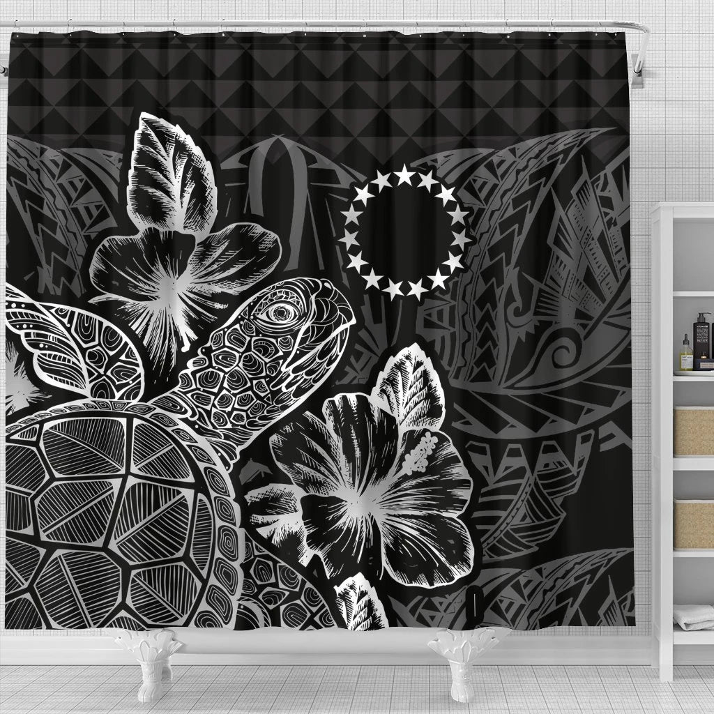 Cook Islands Shower Curtain Turtle Hibiscus Black