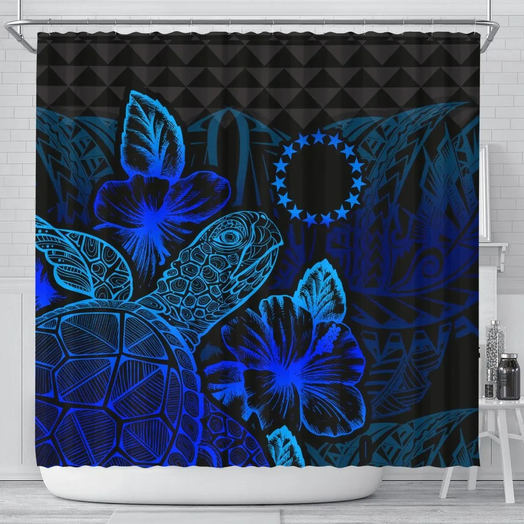 Cook Islands Shower Curtain Turtle Hibiscus Blue