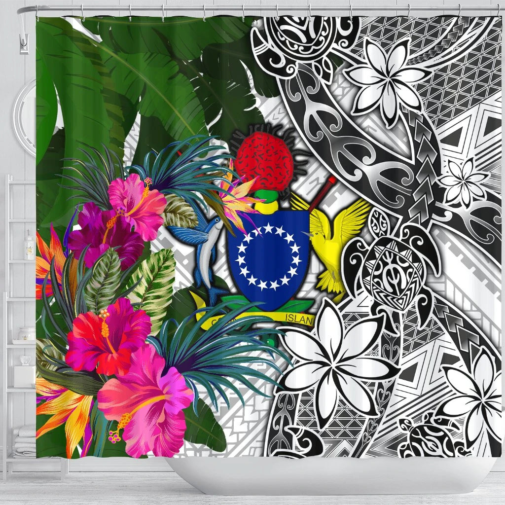 Cook Islands Shower Curtain White - Turtle Plumeria Banana Leaf