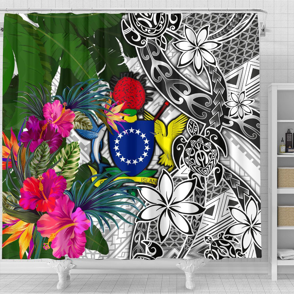 Cook Islands Shower Curtain White - Turtle Plumeria Banana Leaf