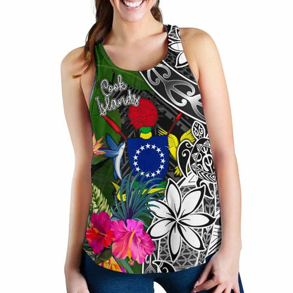 Cook Islands Women Racerback Tank - Turtle Plumeria Banana Leaf