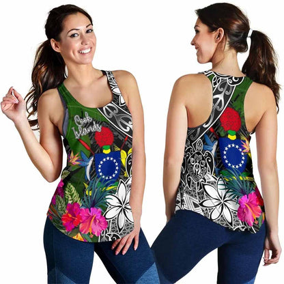 Cook Islands Women Racerback Tank - Turtle Plumeria Banana Leaf