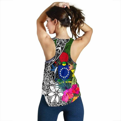 Cook Islands Women Racerback Tank - Turtle Plumeria Banana Leaf