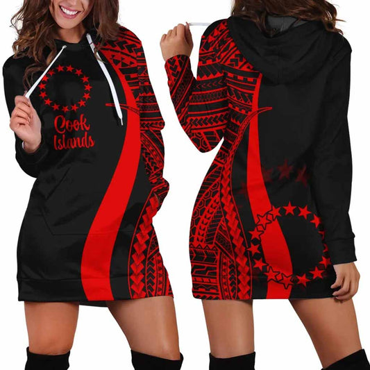 Cook Islands Female Hoodie Dress - Red Polynesian Tentacle Tribal Pattern