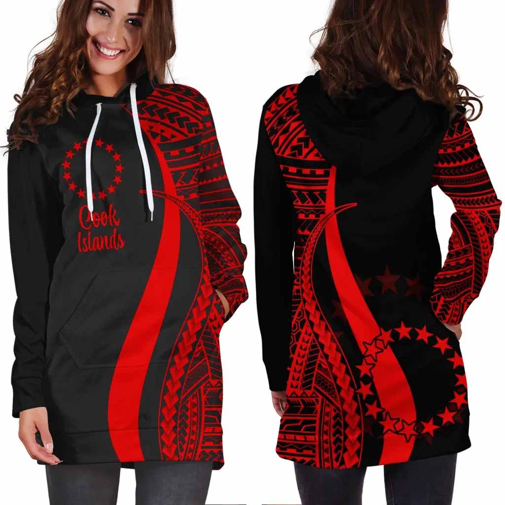 Cook Islands Female Hoodie Dress - Red Polynesian Tentacle Tribal Pattern