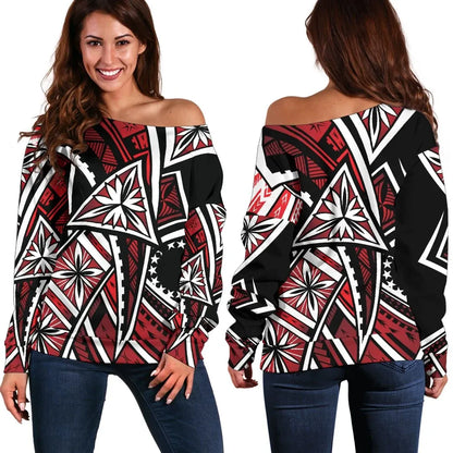 Cook Islands Women Off Shoulder Sweaters - Tribal Flower Special Pattern Red Color