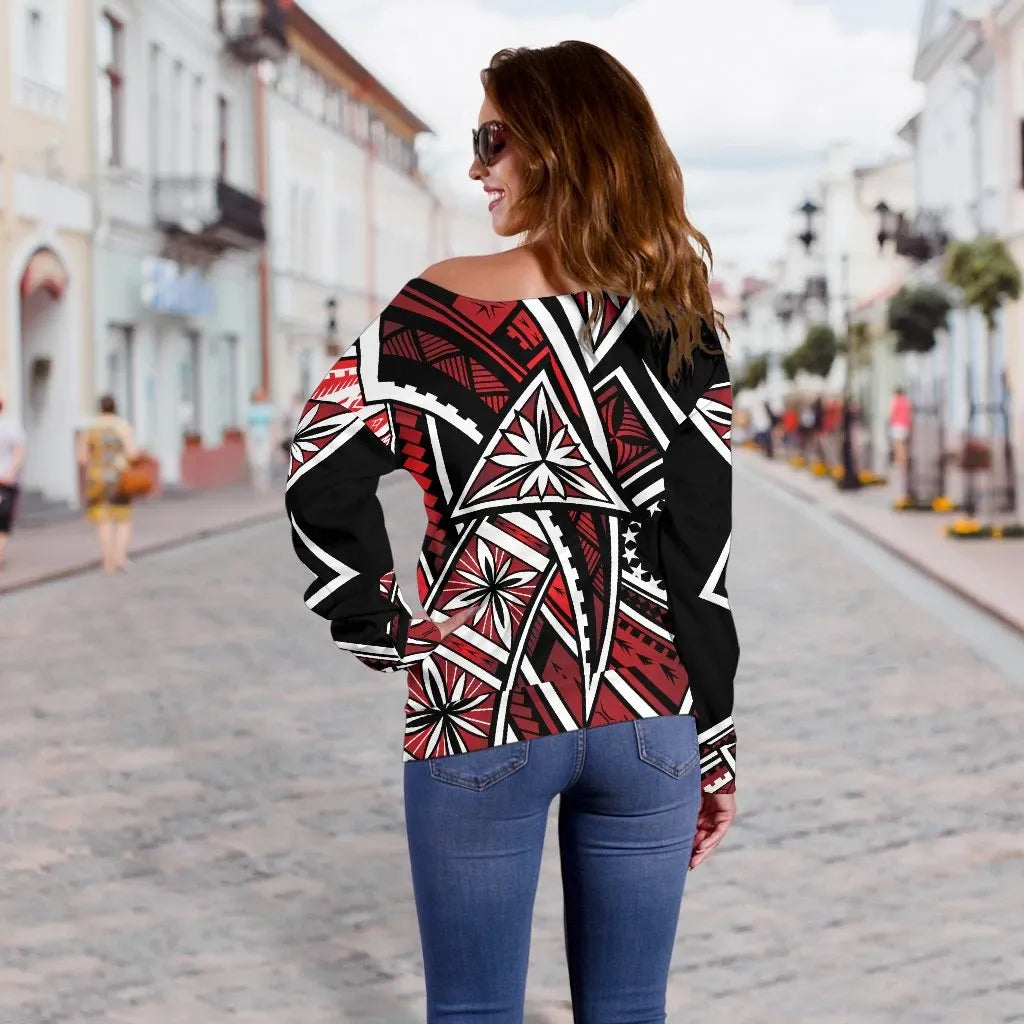 Cook Islands Women Off Shoulder Sweaters - Tribal Flower Special Pattern Red Color
