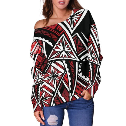 Cook Islands Women Off Shoulder Sweaters - Tribal Flower Special Pattern Red Color