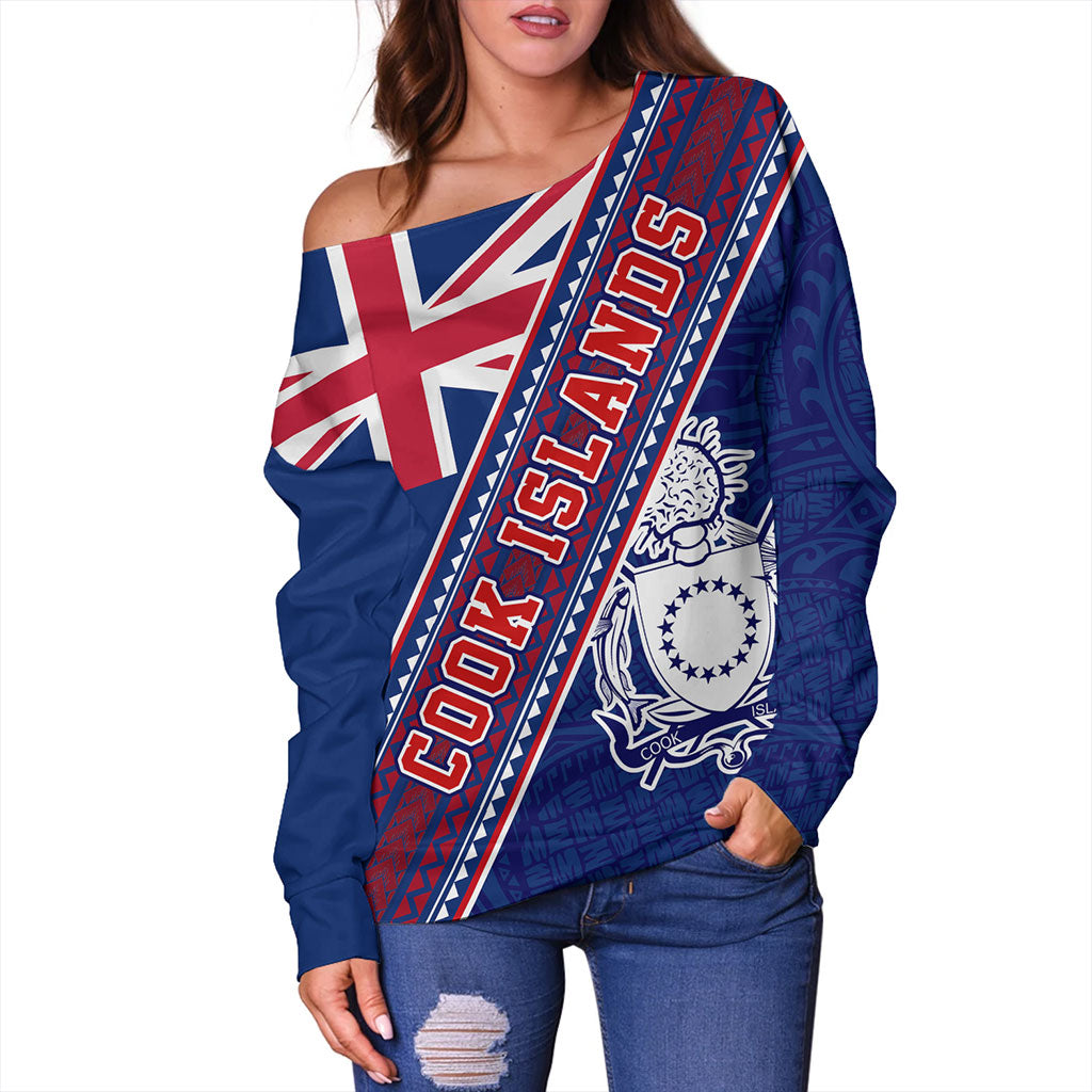 Cook Islands Off Shoulder Sweatshirt Flag And Coat Of Arms