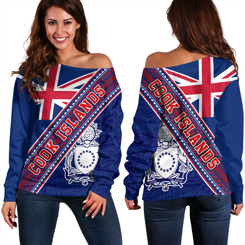 Cook Islands Off Shoulder Sweatshirt Flag And Coat Of Arms