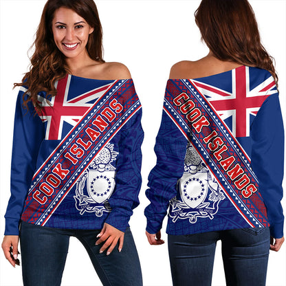 Cook Islands Off Shoulder Sweatshirt Flag And Coat Of Arms