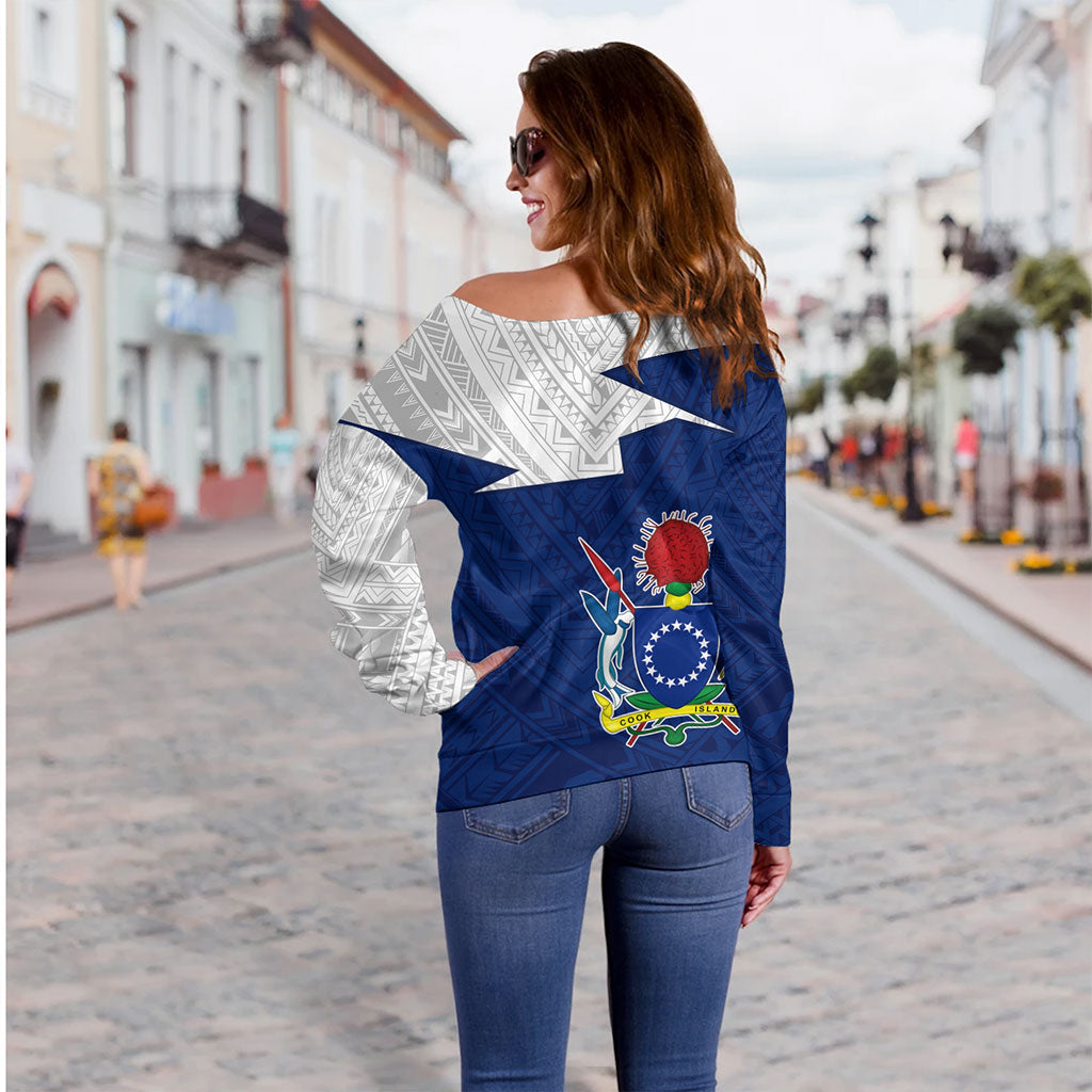 Cook Islands Off Shoulder Sweatshirt Polynesian Tattoo Flag And Coat Of Arms