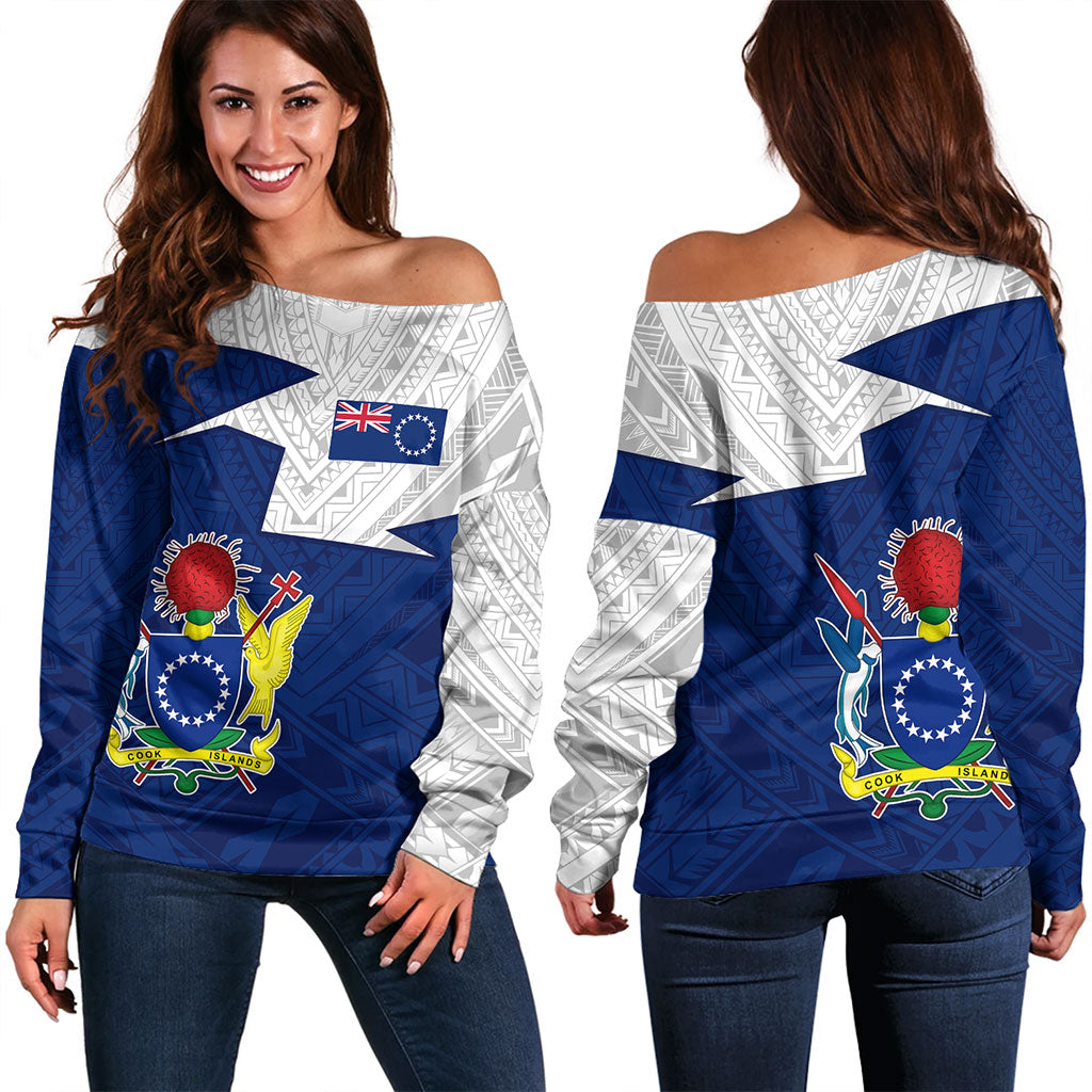 Cook Islands Off Shoulder Sweatshirt Polynesian Tattoo Flag And Coat Of Arms