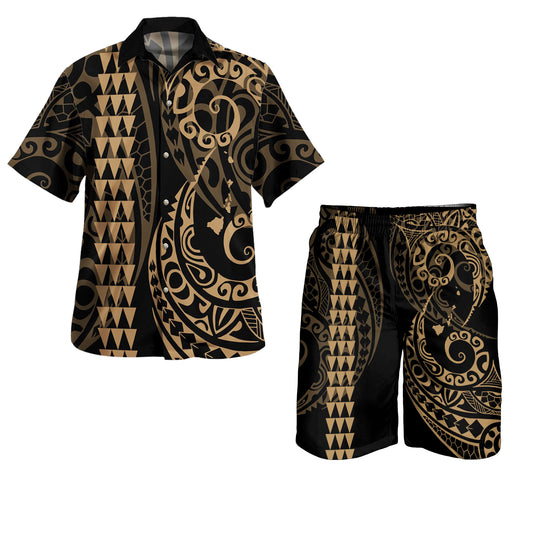 Hawaii Combo Shirts And Shorts Hawaiian Map Kakau Style Gold