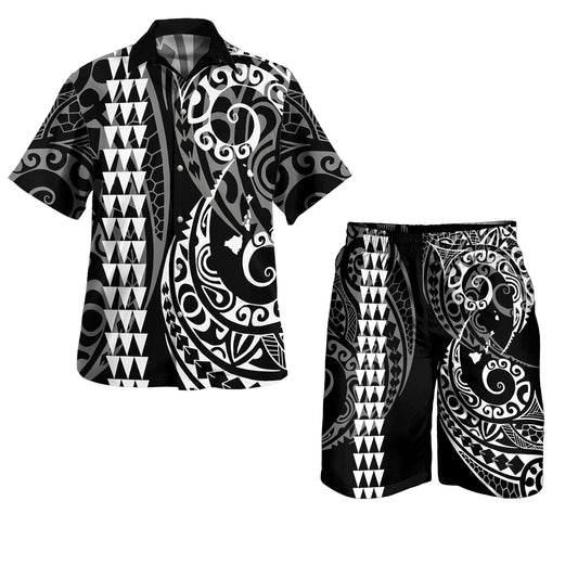 Hawaii Combo Shirts And Shorts Hawaiian Map Kakau Style White