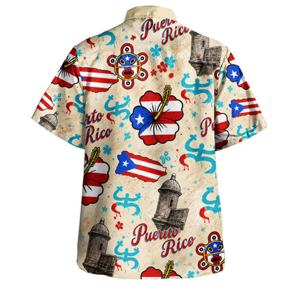 Puerto Rico Hawaiian Shirt Flag Hibiscus Coqui Taino Castle Style