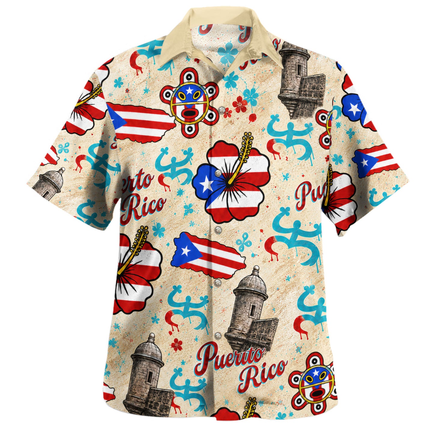 Puerto Rico Hawaiian Shirt Flag Hibiscus Coqui Taino Castle Style