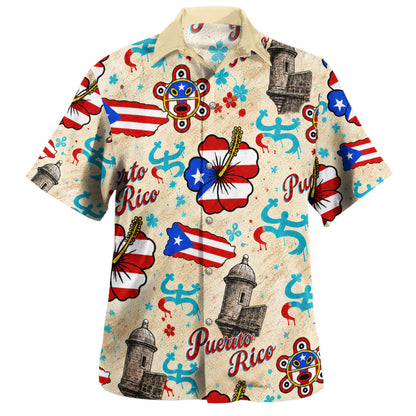 Puerto Rico Hawaiian Shirt Flag Hibiscus Coqui Taino Castle Style