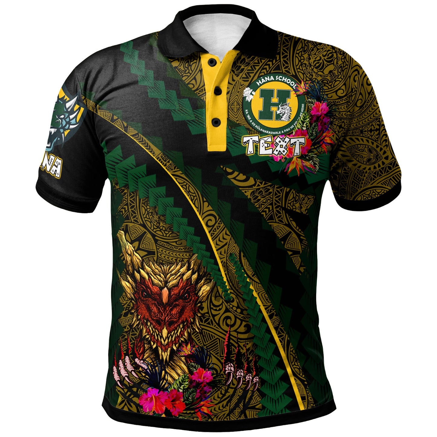 Hawaii Hana High School Custom Polo Shirt - Hana Dragons With Tropical Tribal Pattern Scratch Style